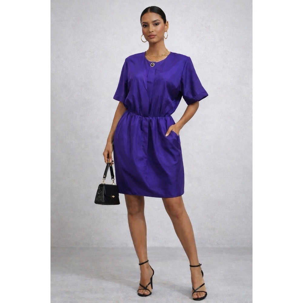 Vintage 90s Quiet Luxury Purple Silk Dress Button Accent & Elastic Waist Sz 8